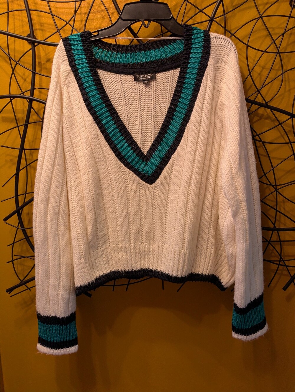 Topshop Cream Oversized Varsity V-Neck Knit Sweater with Teal & Navy Trim